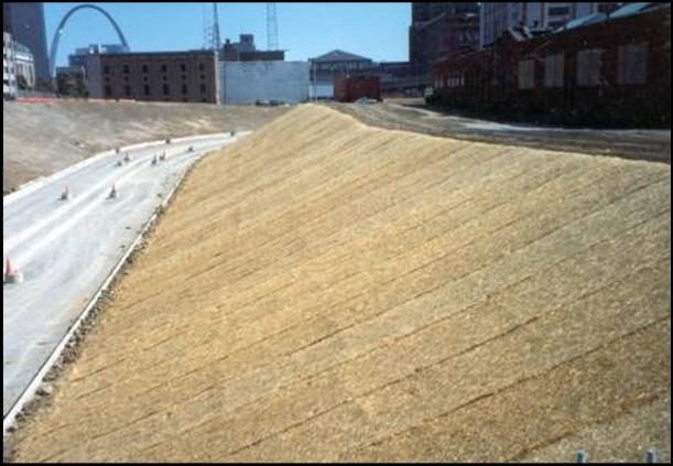 Straw erosion control blanket S150 on a slope